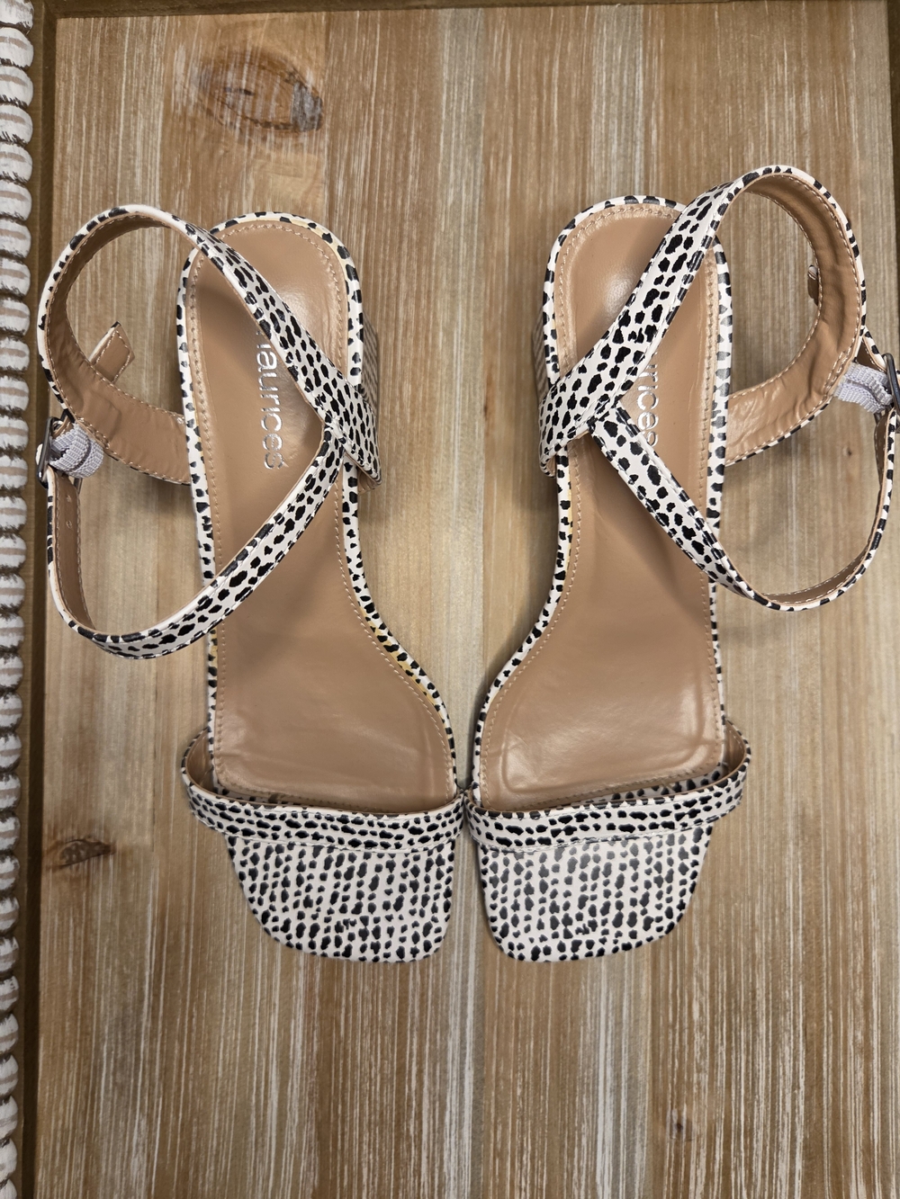 Maurices White and Black Spotted Ankle-Strap Heels